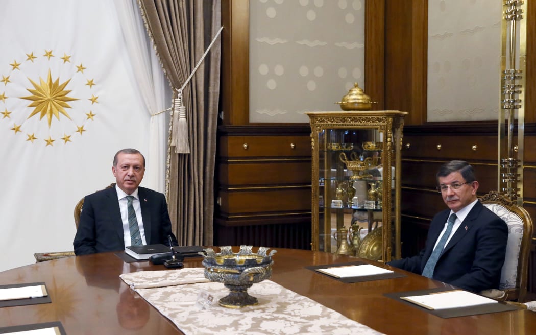 Turkish President Recep Tayyip Erdogan meets with Turkish Prime Minister Ahmet Davutoglu at the Presidential Complex in Ankara, Turkey on May 4, 2016.