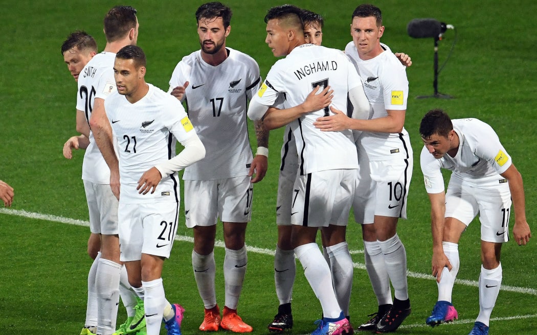 The All Whites celebrate a goal against Fijji in their Russia 2018 World Cup qualifier.