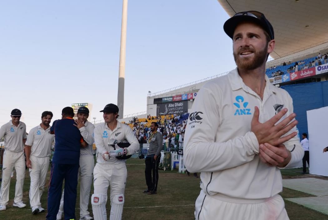 New Zealand captain Kane Williamson  with teammates after their victory against Pakistan on the third and final Test cricket match between Pakistan and New Zealand at the Sheikh Zayed International Cricket Stadium in Abu Dhabi on December 7, 2018. AFP