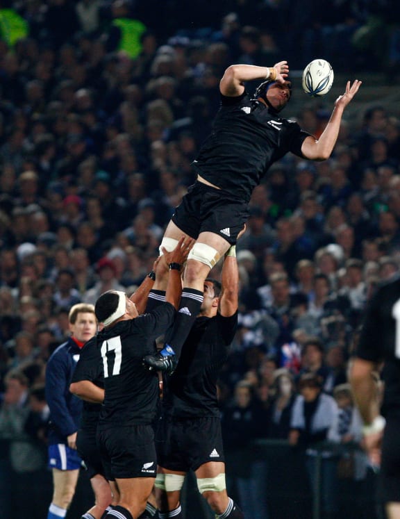 All Black debutant Bryn Evans claims a lineout during the 1st Test Match, All Blacks v France.
