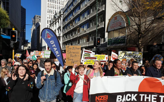 Teachers and supporters march in Wellington.