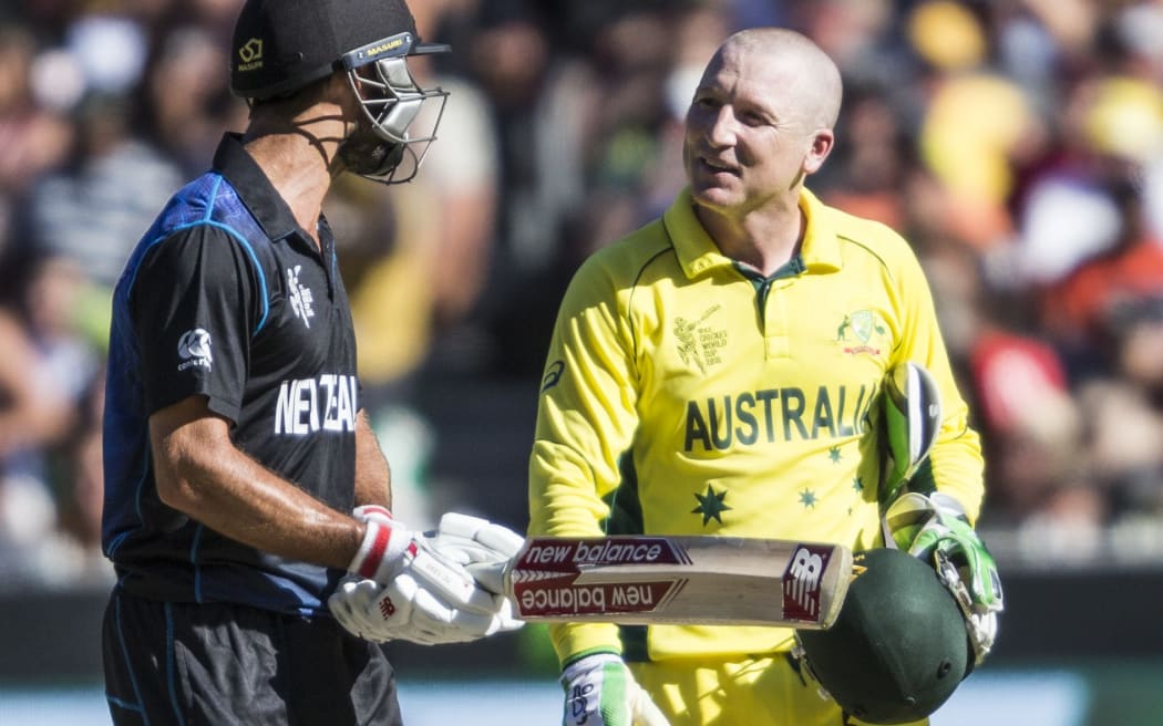 Brad Haddin was never short of a word or two for opposition batsmen - in this case its Black Caps allrounder Grant Elliott during the World Cup final in Melbourne.