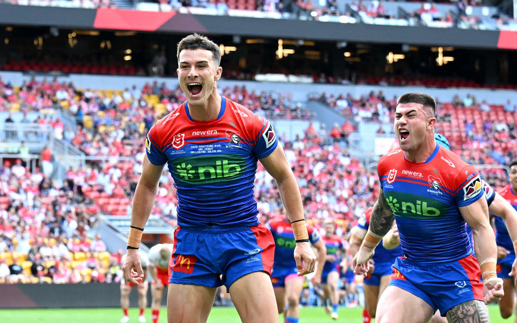 David Armstrong of the Knights celebrates after scoring a try during the round eight NRL match between Dolphins and Newcastle Knights.