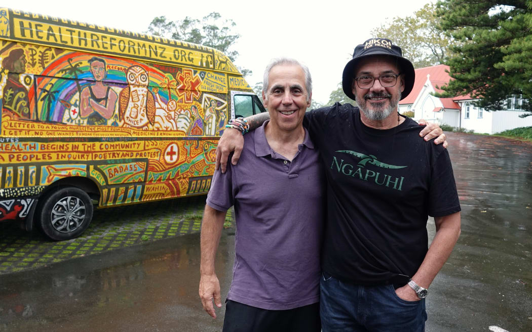Doctors Art Nahill, left, and Glenn Colquhoun are taking their “vanbulance” on a Hīkoi for Health to highlight the decline of New Zealand’s public health system.
