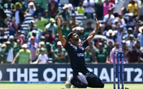 USA's Saurabh Nethralvakar celebrates beating Pakistan at the T20 World Cup in Dallas, 2024.