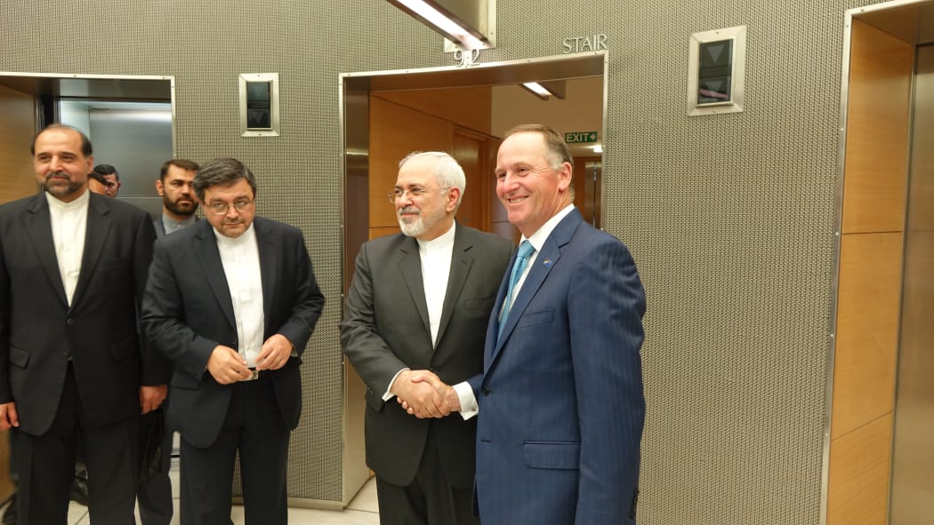 Iranian Foreign Minister Mohammad Javad Zarif shakes hands with Prime Minister John Key on 14 March 2016 at Parliament.
