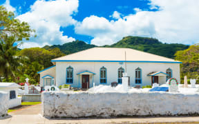 Cook Islands Christian Church in Arorangi. 
The mountain in the background is the culturally significant Raemaru.