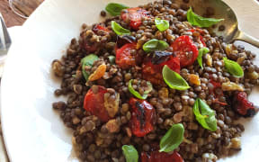 Lentil Salad with Golden Raisins & Roasted Tomatoes