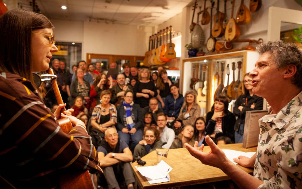 Nadia Reid and Nick Bollinger at a LitCrawl event at Alistair's Music on Cuba Street