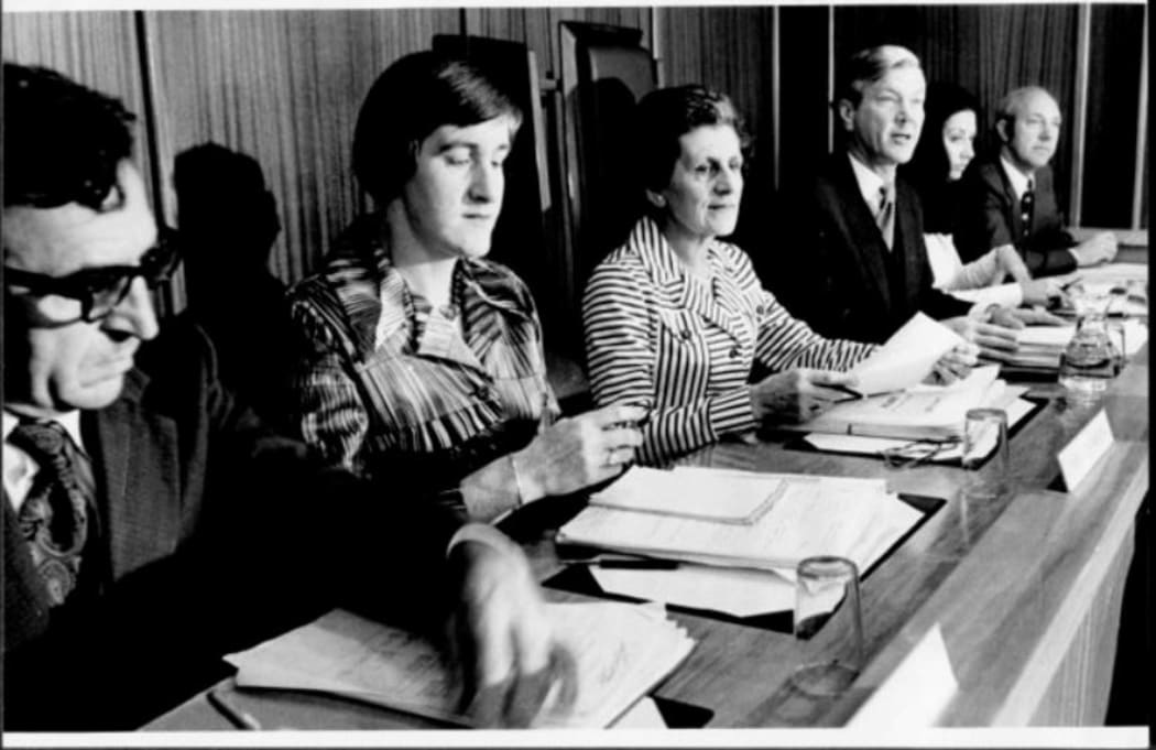 The members of the Royal Commission on Contraception, Sterilisation and Abortion in 1977. (From left - Dr M D Matich. Barbara J Thomson. Dorothy G Winstone. Justice Duncan McMullin. Denese Henare (barrister and solicitor). M R McGregor (medical social worker)
