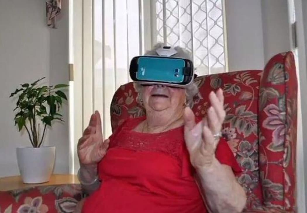 senior with VR headset on