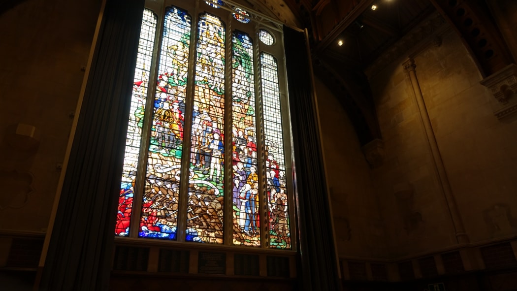 The memorial window, dedicated to former students who died in WWI, had to be removed, repaired and strengthened before taking pride of place in the hall again.