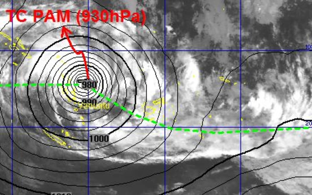 The mean sea level pressure chart as Cyclone Pam approaches Vanautu on Friday morning.