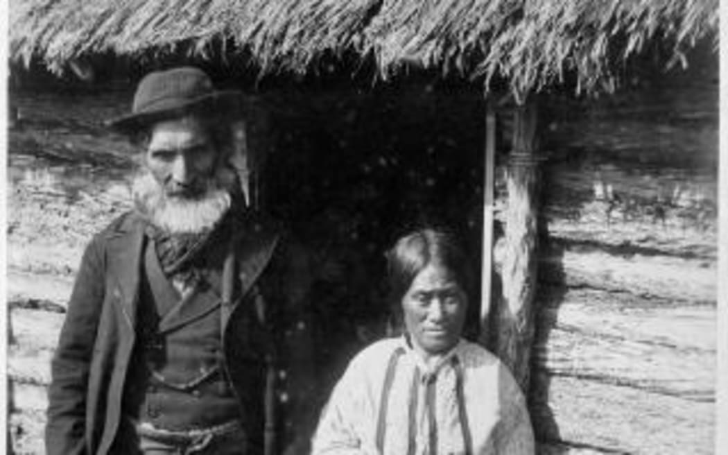 Hirawanu Tapu and his wife Rohana were photographed in 1891 at their house on the Moriori reserve at Manukau, Chatham Island.