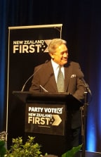 Winston Peters giving his keynote address at the New Zealand First conference in Auckland.