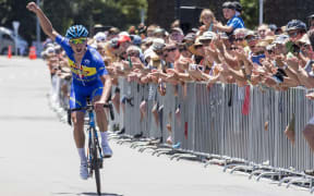 Jason Christie celebrates victory at the Road Cycling National Championships in Napier, 2016.