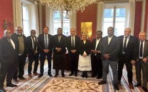 French overseas minister François-Noël Buffet (centre) with a bipartisan New Caledonia Congress delegation in Paris, 30 September 2024 – PHOTO supplied