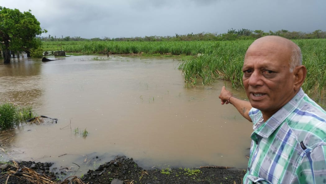 Sugar cane grower Chandrika Prasad surveys flooded cane in Tavua