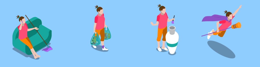 Isometric icons set with housewife during home cleaning, cooking, child care on blue background isolated vector illustration