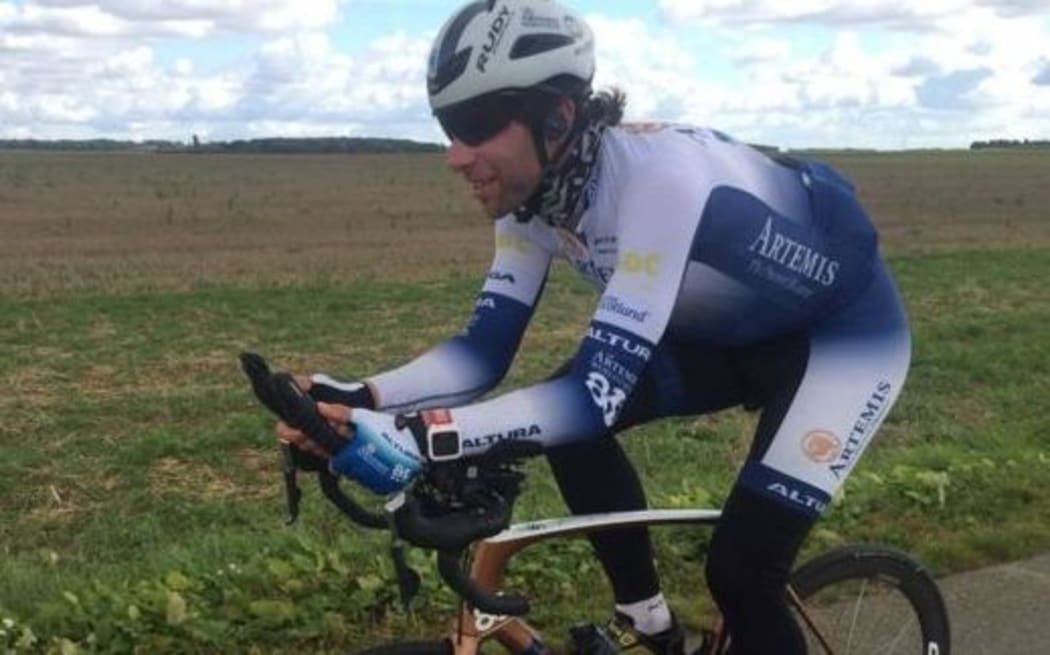 Cyclist Mark Beaumonth on the final leg of his record breaking ride.