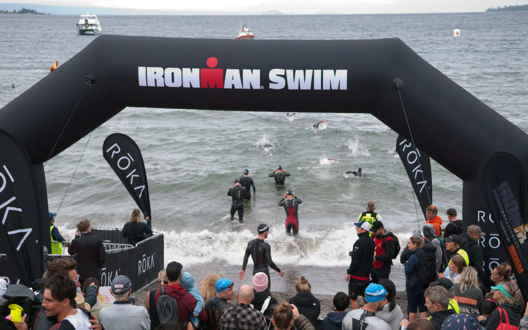 The start of the elite race, at the Taupō Ironman 2024.