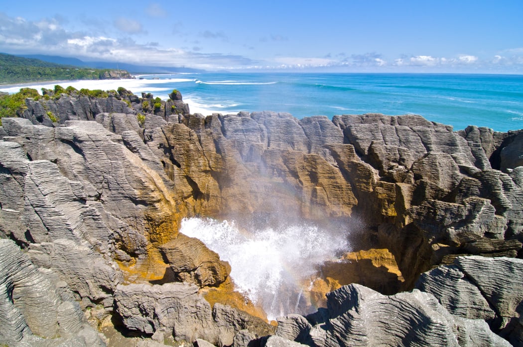 The pancake rocks near Punakaiki are among the rare limestone formations within Paparoa National Park.