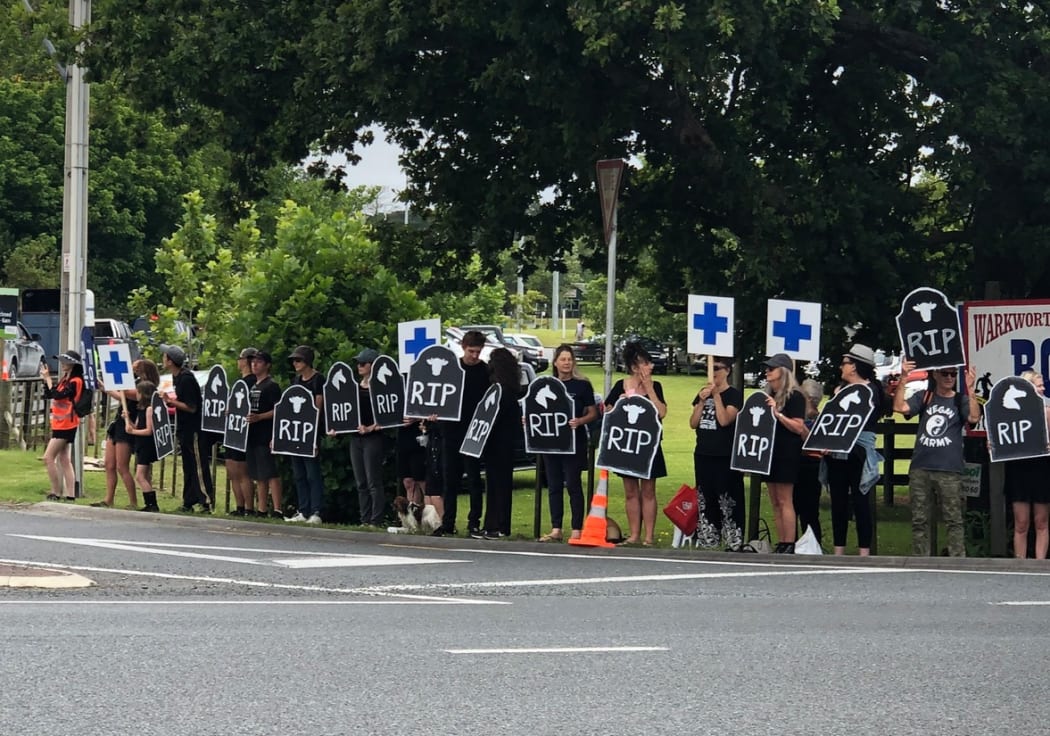 Animal rights protesters outside the Warkworth Rodeo.
