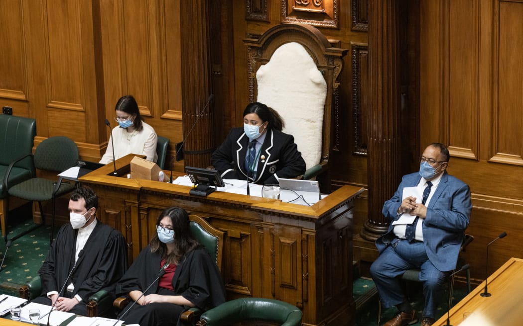 Raiha Mihaka presides over a debate aided by her assistants Chiara Ireland and Adrian Rurawhe, and managing The Table, the Youth Clerk Danica Loulie-Wijtenburg.