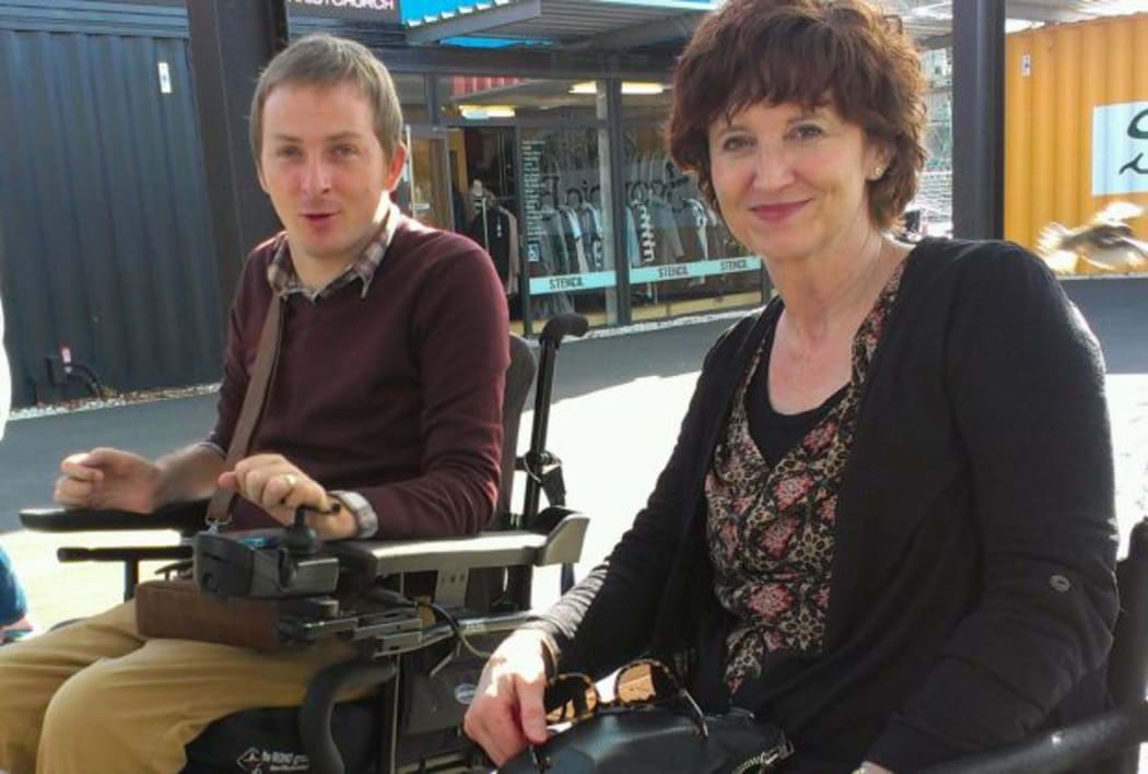 Photo of Johnny Bourke and a research participant, Marie, in Christchurch's Restart Mall.