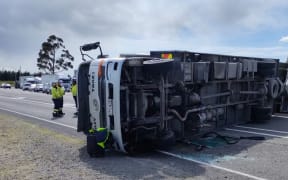 A truck that blew over, blocking SH1 just south of Waipara, Canterbury on the morning of 26 October, 2023.