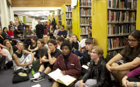 Students at a sit-in at Elam School of Fine Arts Library on April 27