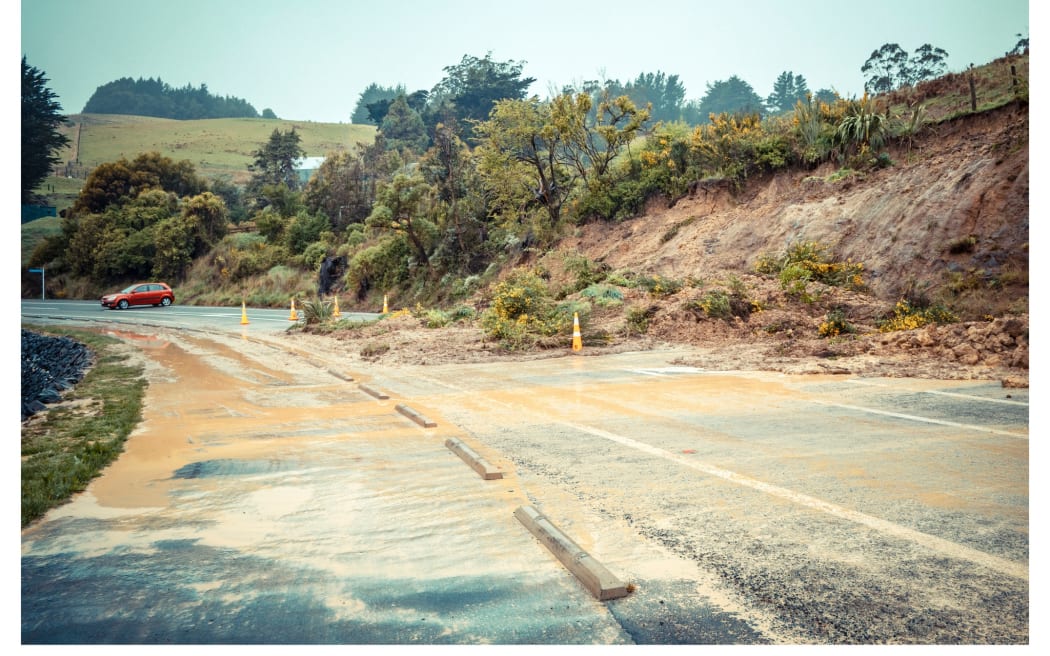 A large slip across the road in Company Bay, Dunedin, on 4 October, 2024.