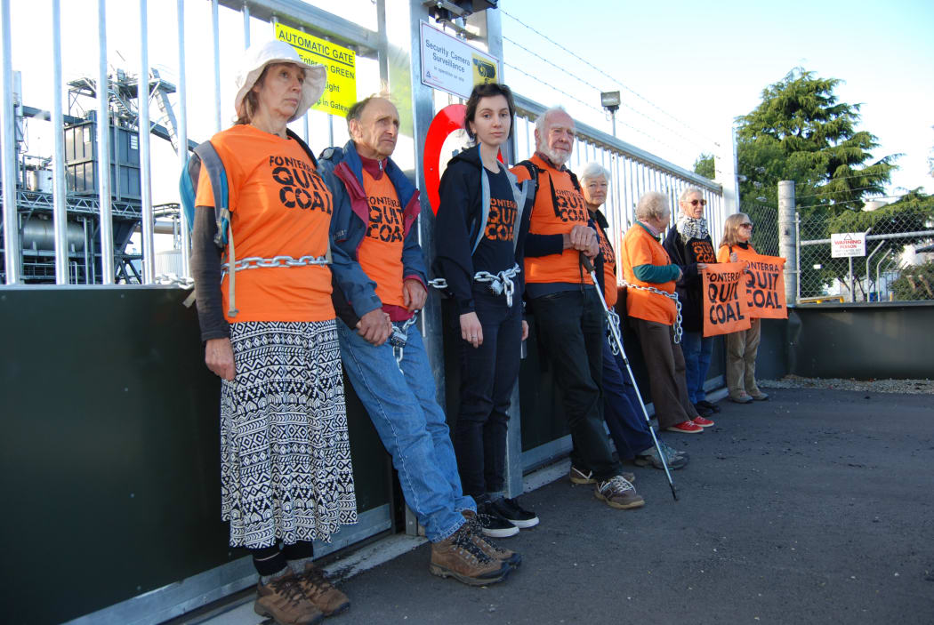 Protesters chained themselves to the gates of the Fonterra plant in South Canterbury.