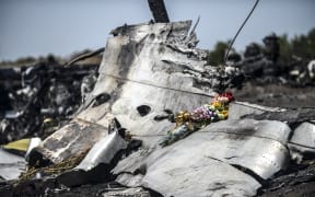 (FILES) This photograph shows flowers, left by parents of an Australian victim of the crash on a piece of the Malaysia Airlines flight MH17, near the village of Hrabove (Grabove), in the Donetsk region on July 26, 2014. The families of the victims of the downing of flight MH17 in war-torn eastern Ukraine are this week commemorating ten years since the tragedy, with dwindling hopes of seeing those responsible behind bars. (Photo by Bulent KILIC / AFP)