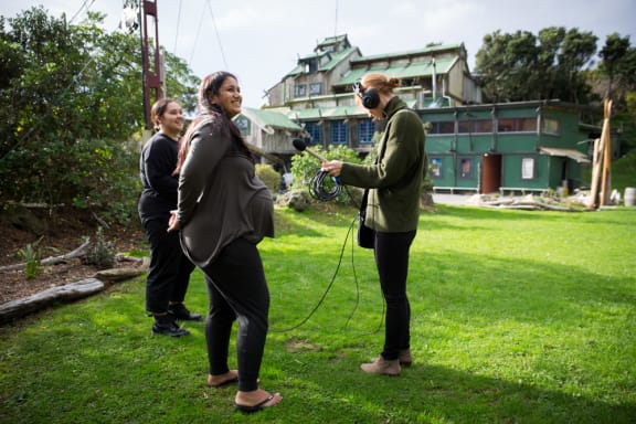 (L-R) Kahu Kutia, Pare Sannyasi and Frances Morton outside Tapu Te Ranga marae.
