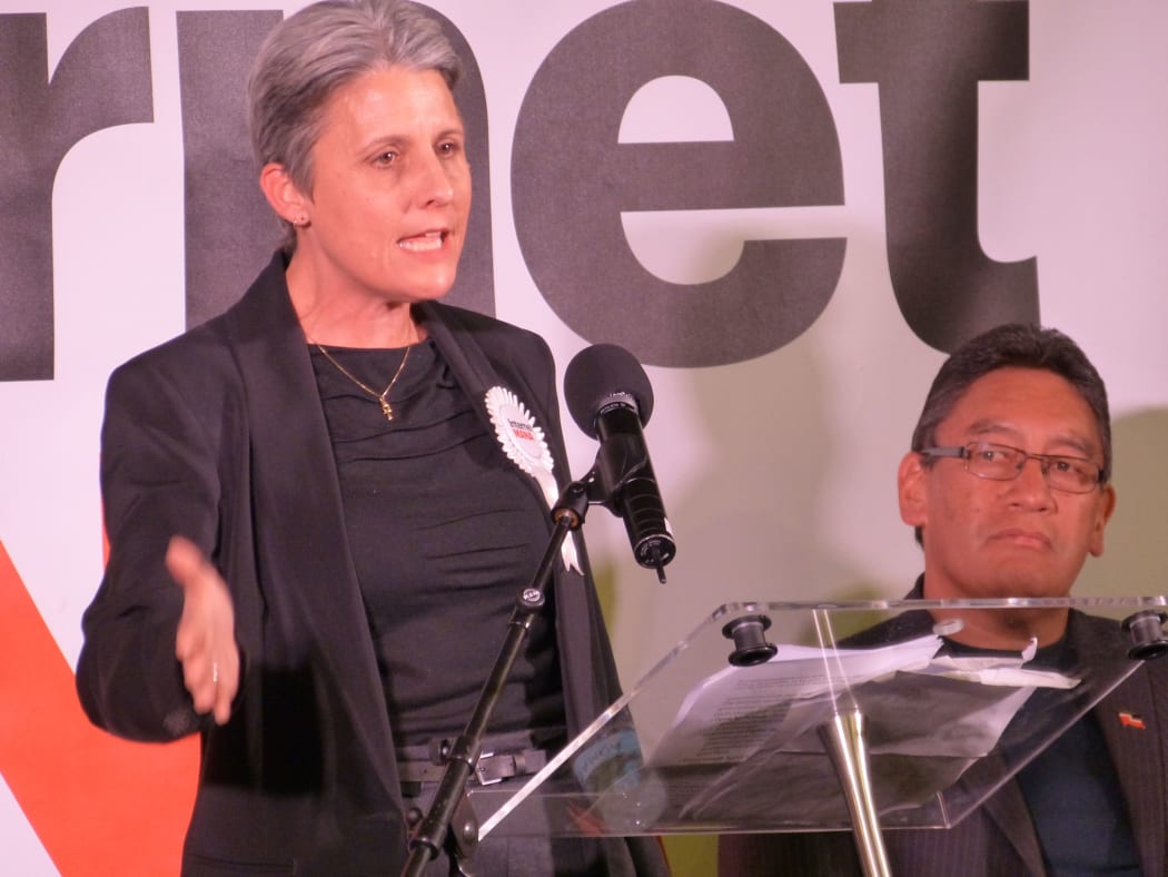 Laila Harre and Hone Harawira at the Internet Mana rally in Wellington.