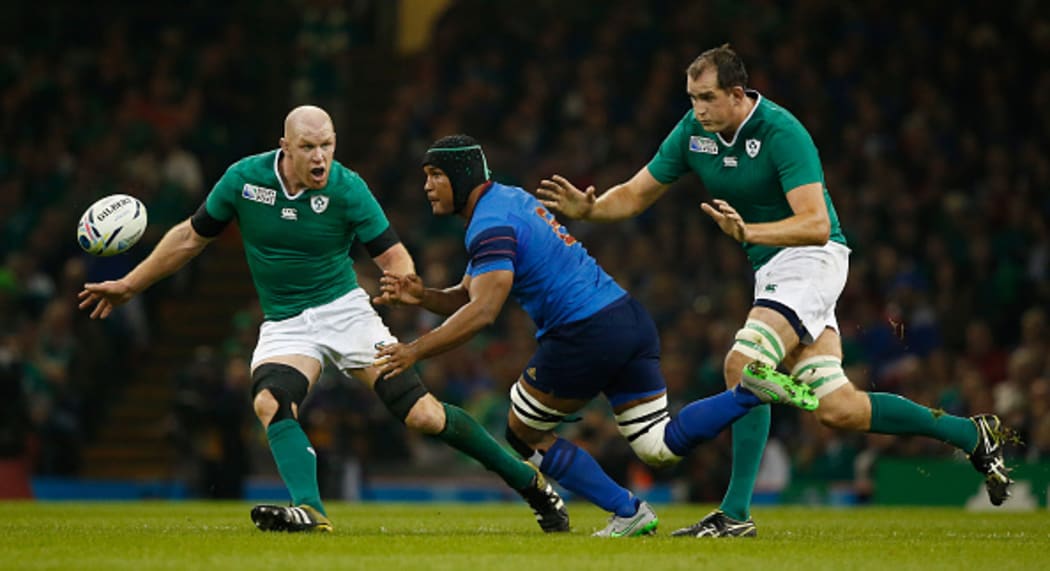 Thierry Dusautoir of France is closed down by Paul O'Connell (L) and Devin Toner of Ireland during the 2015 Rugby World Cup Pool D match between France and Ireland