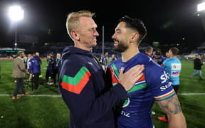 Warriors coach Andrew Webster (L) congratulates Shaun Johnson (R) during the NRL Semi Final match between the New Zealand Warriors and Newcastle Knights at Go Media Stadium Mt Smart.
