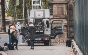 Forensic police secure a freight elevator found next to the window broken by thieves after the burglary and theft of priceless jewelry at the Louvre Museum on Sunday morning in Paris, France, on 19 October, 2025.