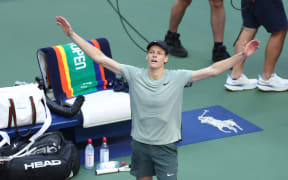 Italy's Jannik Sinner reacts after winning his men's final against USA's Taylor Fritz at the US Open.