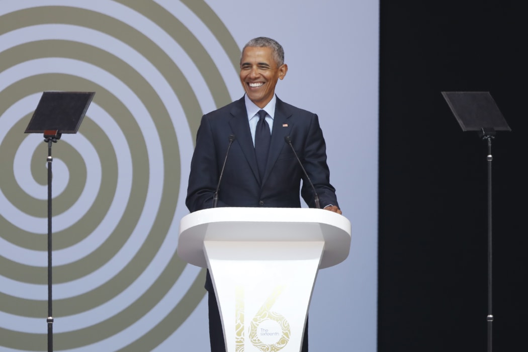 Former US President Barack Obama speaks during the 2018 Nelson Mandela Annual Lecture at the Wanderers cricket stadium in Johannesburg on July 17, 2018.
