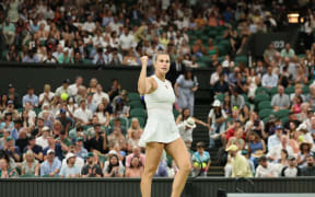 Aryna Sabalenka of Belarus reacts as she won the women's singles third-round match against Emma Raducanu of the United Kingdom on day five of the Wimbledon Championships at the All England Lawn Tennis and Croquet Club in London, on Friday, July 4, 2025. ( The Yomiuri Shimbun ) (Photo by Daisuke Urakami / The Yomiuri Shimbun via AFP)