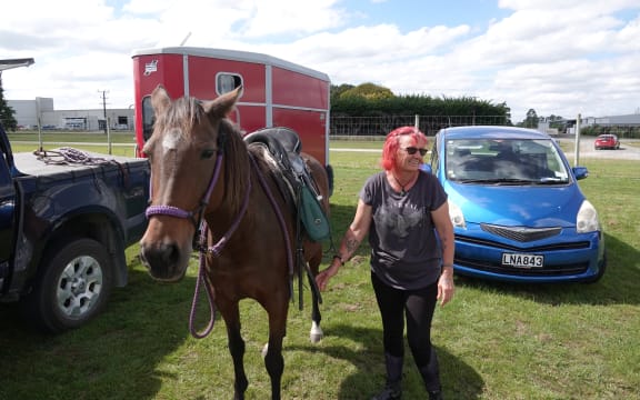 Juanita Preston and Jazzy get ready for the ride through Feilding.