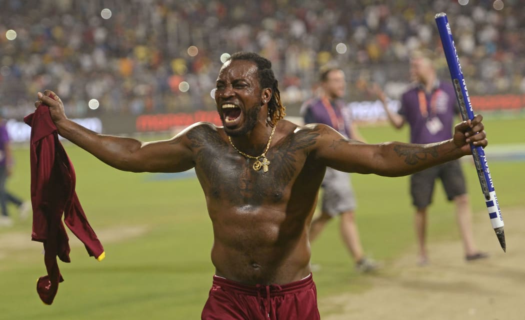 West Indies batsman Chris Gayle celebrates his side's T20 World Cup success.