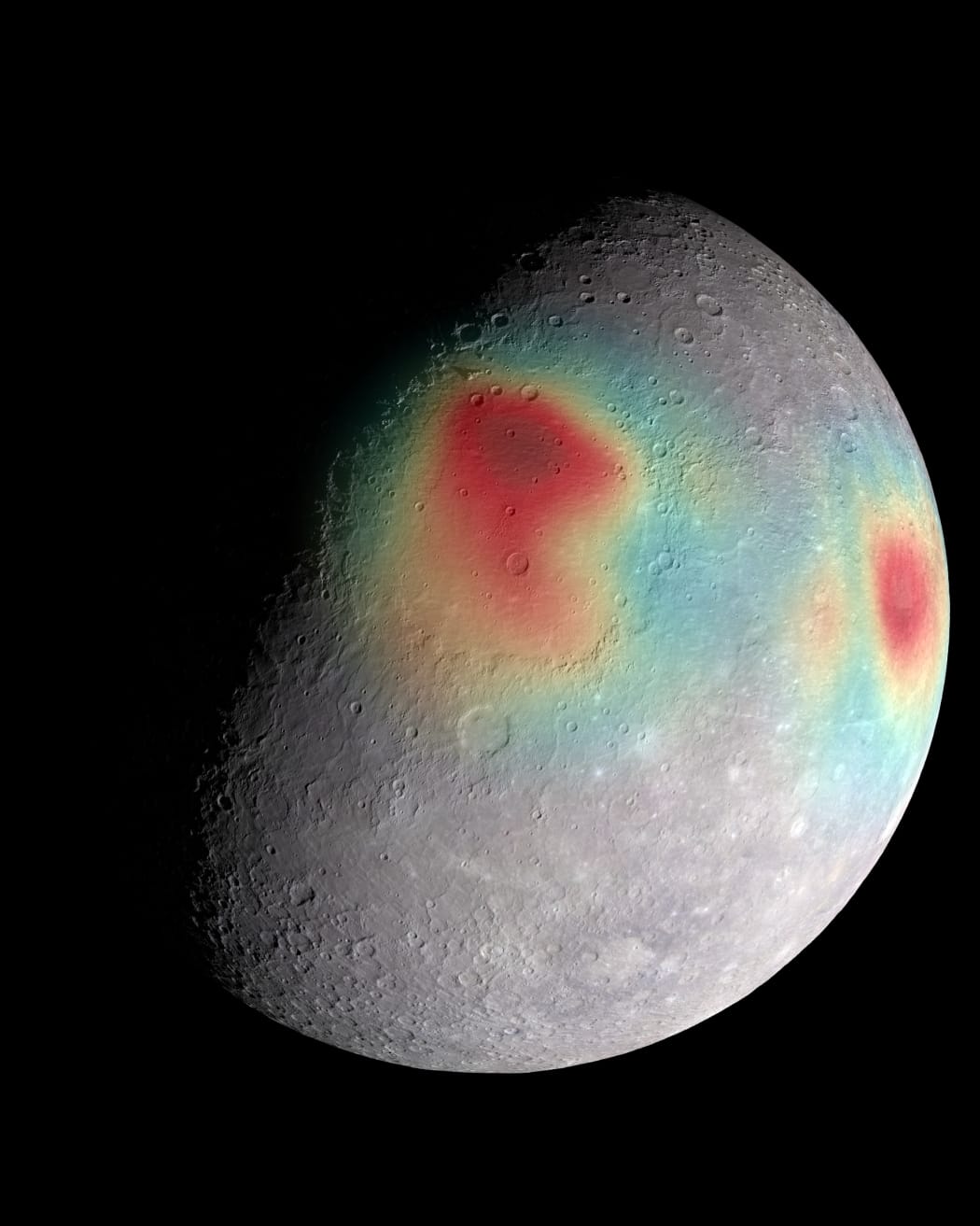 An image released in April 2015 shows Mercury's gravity anomalies in colors.