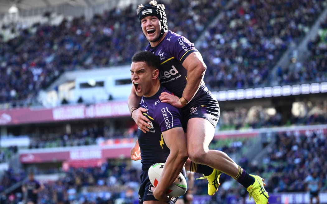 William Warbrick of the Storm (left) celebrates scoring a try with Harry Grant of the Storm during the NRL qualifying final match between the Melbourne Storm and the Cronulla Sharks at AAMI Park Saturday, September 14, 2024. (AAP Image/Joel Carrett / www.photosport.nz).