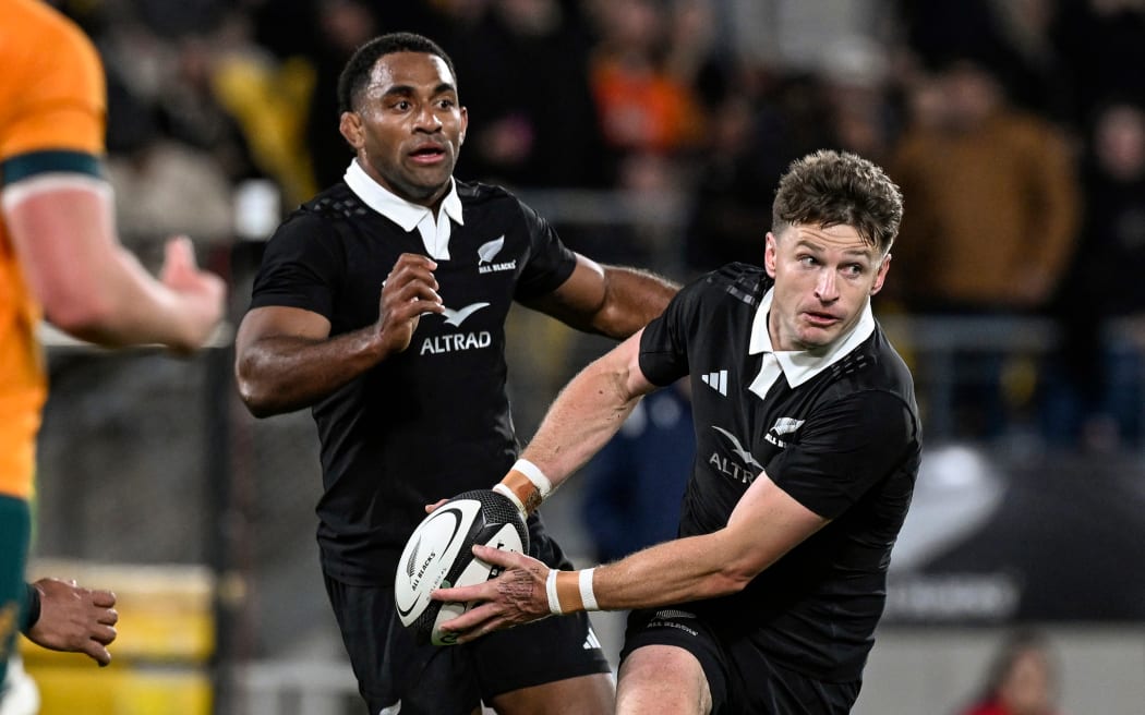 Sevu Reece of New Zealand and Beauden Barrett of New Zealand.
New Zealand All Blacks v Australia Wallabies, Bledisloe Cup and Rugby Championship rugby union test match at Sky Stadium, Wellington, New Zealand on Saturday 28 September 2024. © Photo: Andrew Cornaga / Photosport