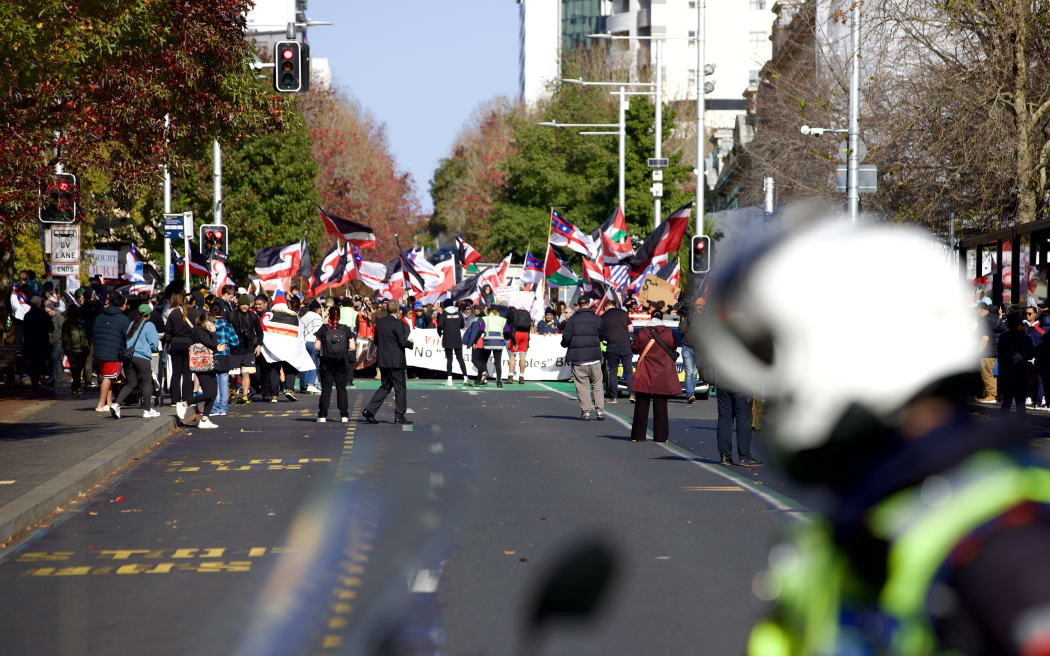 Protestors progress down Queen Street as part of a hikoi