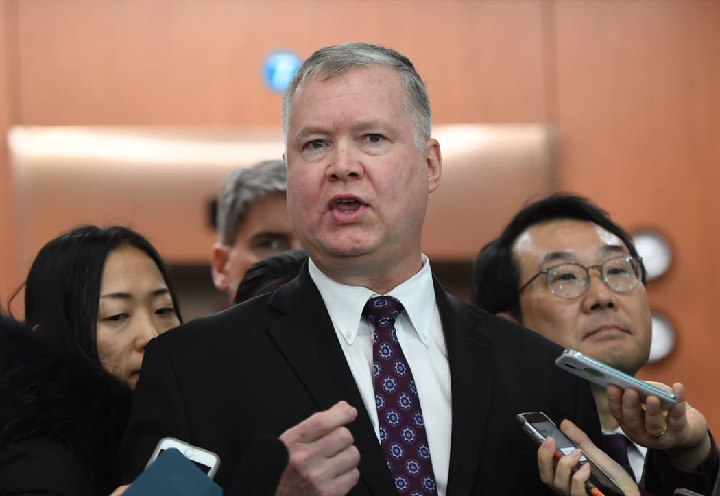 US special representative on North Korea Stephen Biegun speaks to reporters as his South Korean counterpart Lee Do-hoon  looks on after their "working group" meeting handling North Korean issues in Seoul.