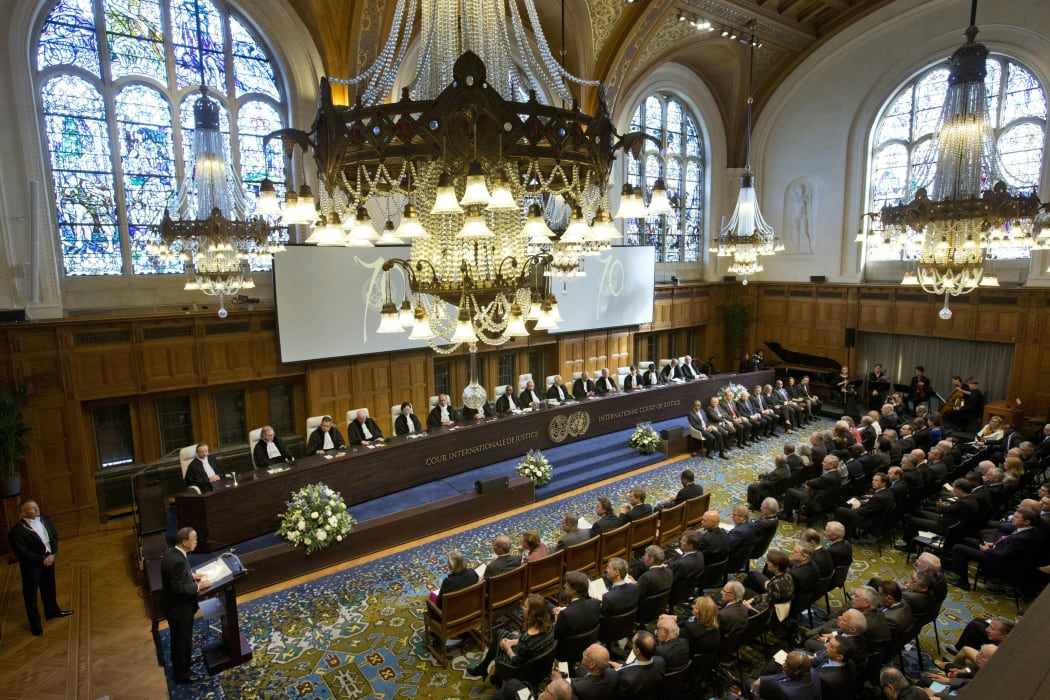 United Nations secretary general Ban Ki-moon (L) delivers a speech during a ceremony marking the 70th anniversary of the International Court of Justice in The Hague on April 20, 2016.